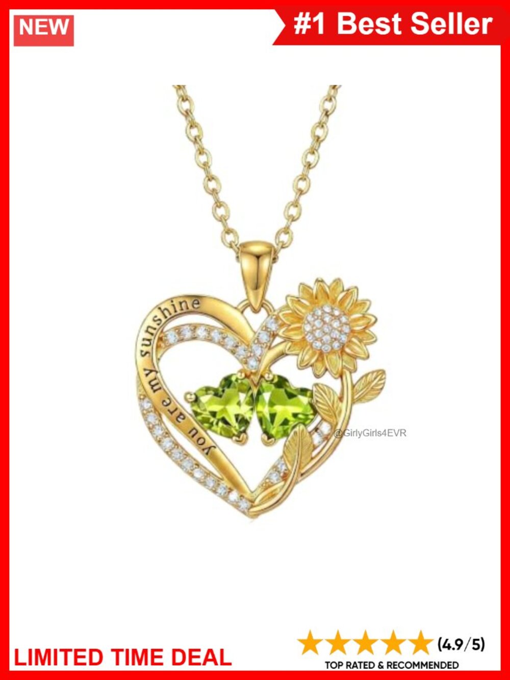 18k White Gold Plated Sunflower Birthstone Necklace August Peridot Pendant